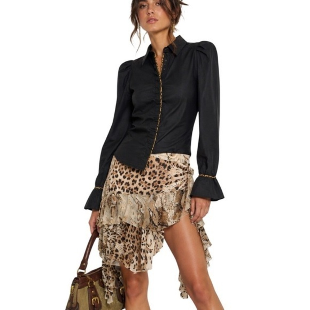 Roberto Cavalli Vintage Y2K Leopard Print Accent Flip Cuff Silk Button Up Blouse